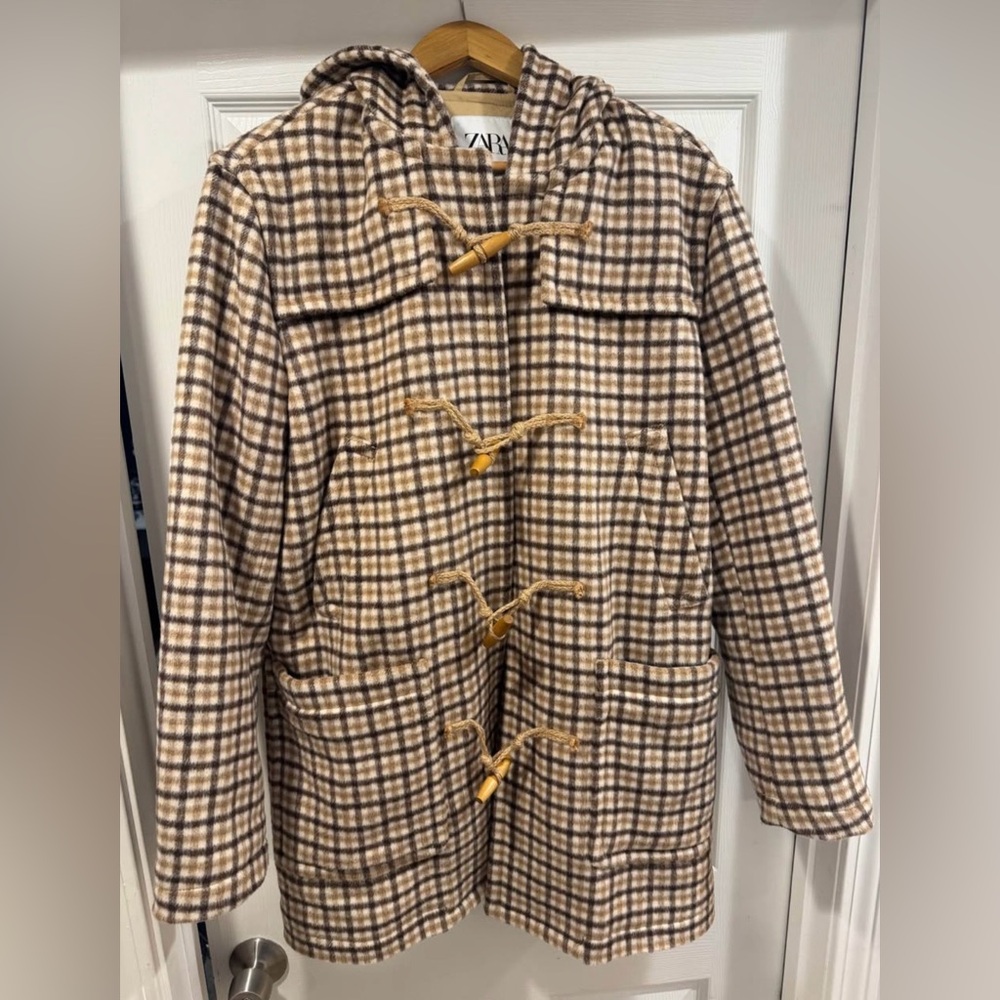 Zara Beige Coat with Plaid Accents